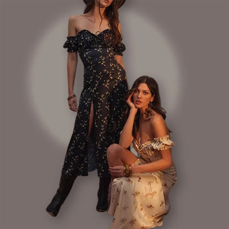 Vestido maxi floral de verano para mujer con hombros descubiertos, mangas abullonadas, bata sexy con cordones laterales, abertura y estilo chic a media pantorrilla QT044