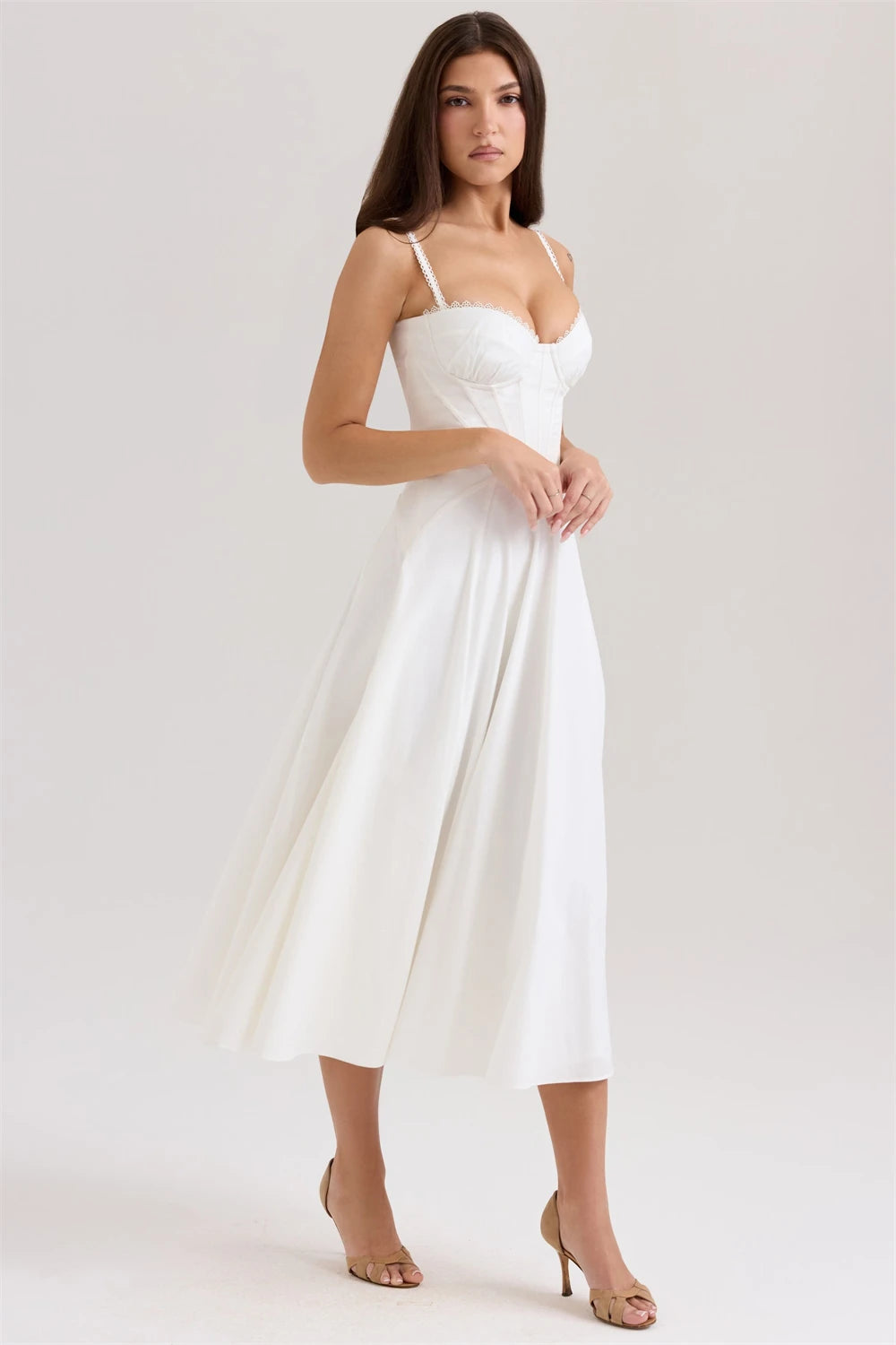 Women Dress New Fashion Summer Vintage White Lace-Panelled Cotton Dresses for Women Elegance Chic Ladies Midi Dress
