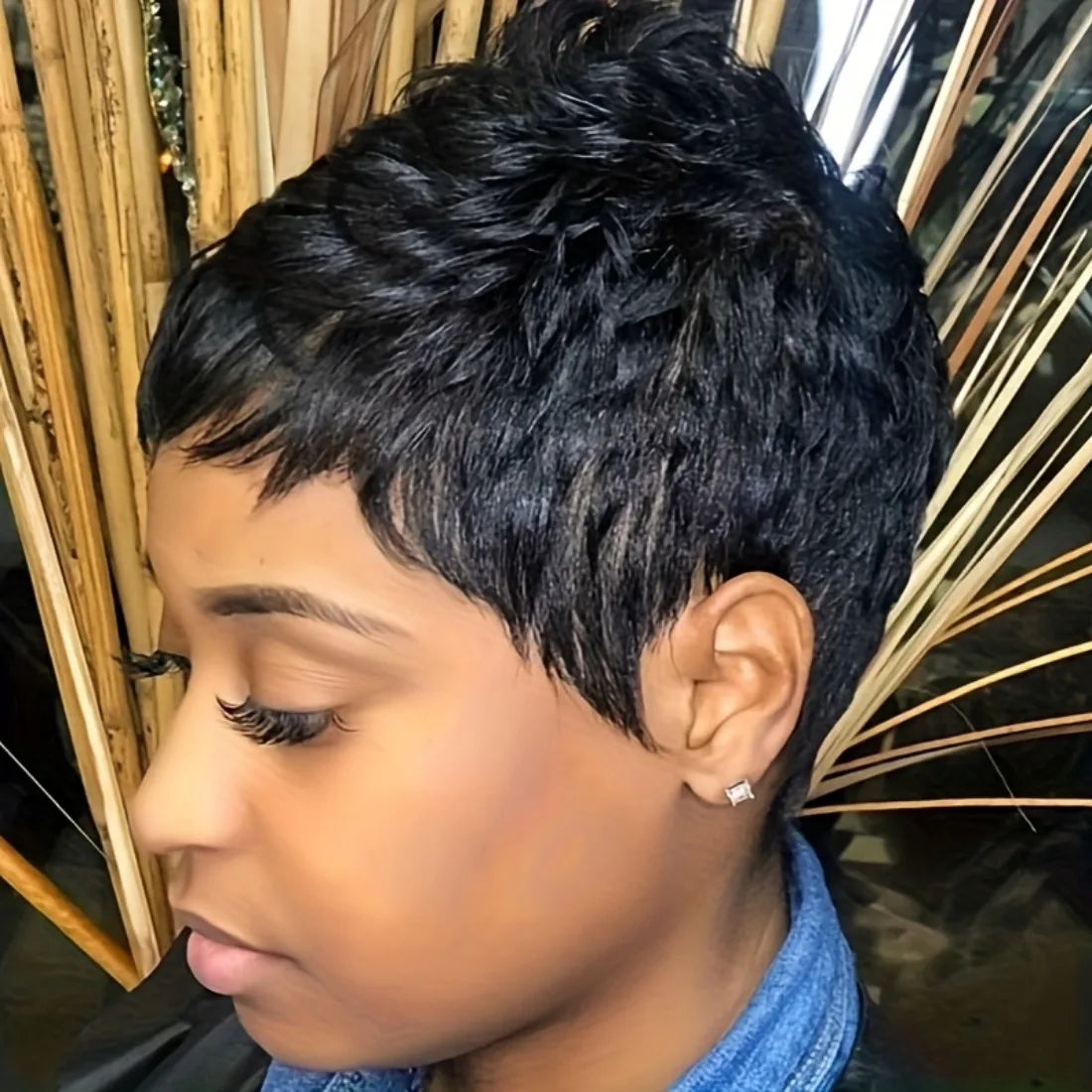 Peluca de cabello humano, corte pixie corto, color natural, marrón 99J, con flequillo