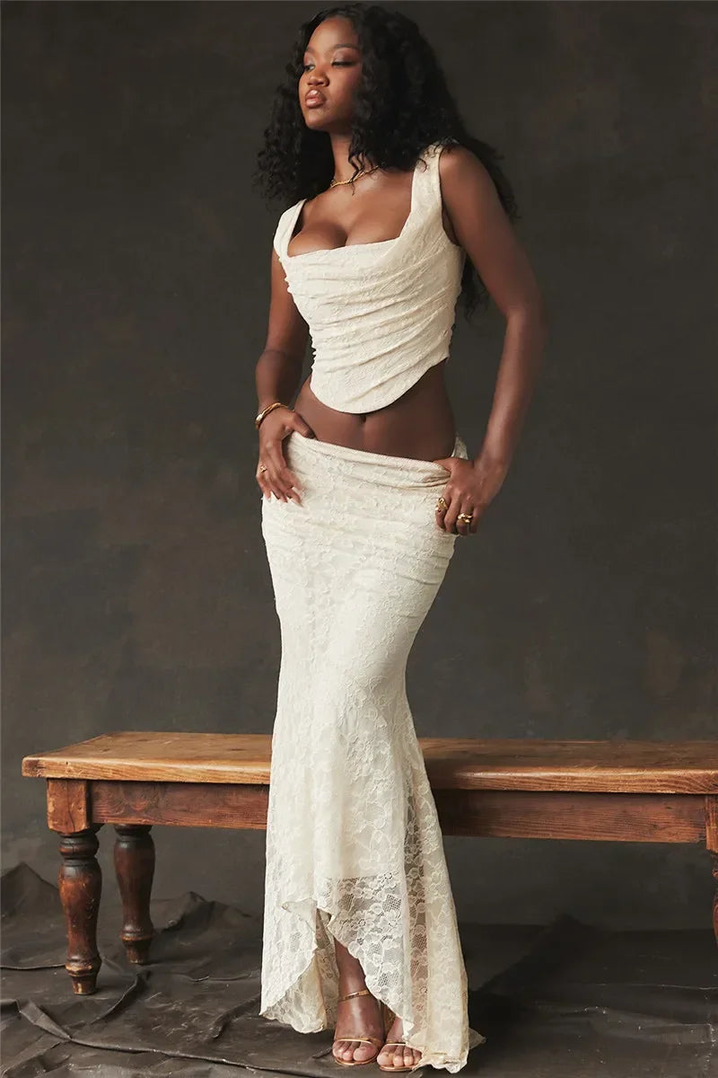 Lace Bandage 2 Piece-Set Long Skirt Female Patchwork Fashion Backless High Waist Elegant Lace-Up Maxi Skirt Sets Outfits