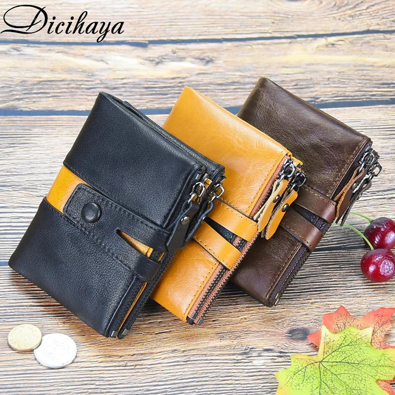 Cartera de piel auténtica para hombre, diseño de lujo, cartera corta plegable, monedero vintage con broche para monedas, bolsillo multifuncional para tarjetas