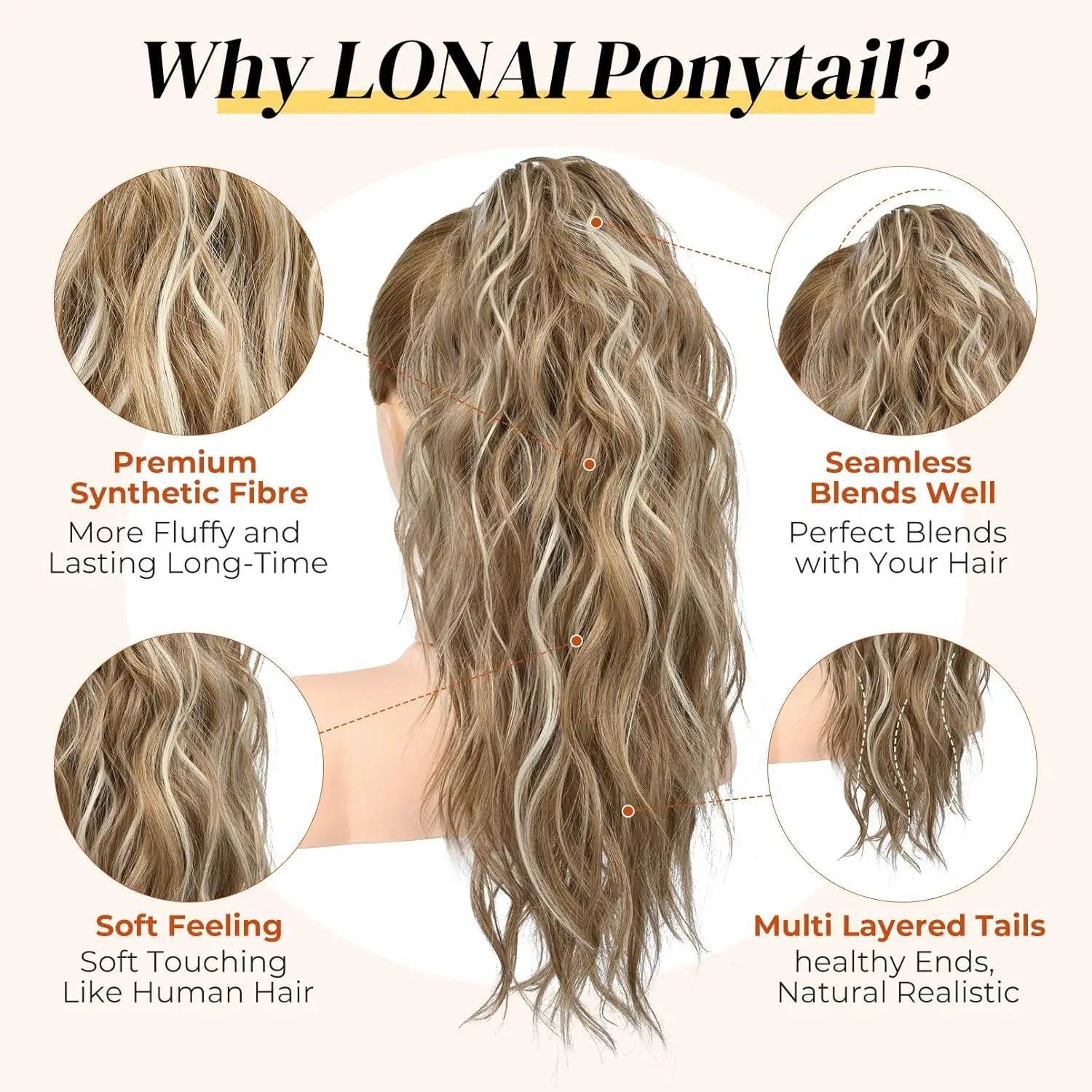 18" Wavy Claw Clip in Ponytail Hair Extensions Curly  Synthetic Fake Pony tails Hairpieces-Ash Brown with Blonde Highlights