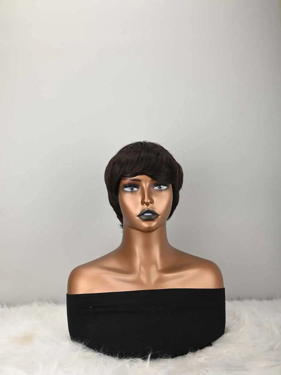 Dark Brown Short Bob Wig For Pixie Cut Wigs Glueless Wig None Lace Front Wig With Bangs Natural dark brown Straight Full Machine Made Short Layered For Daily Use