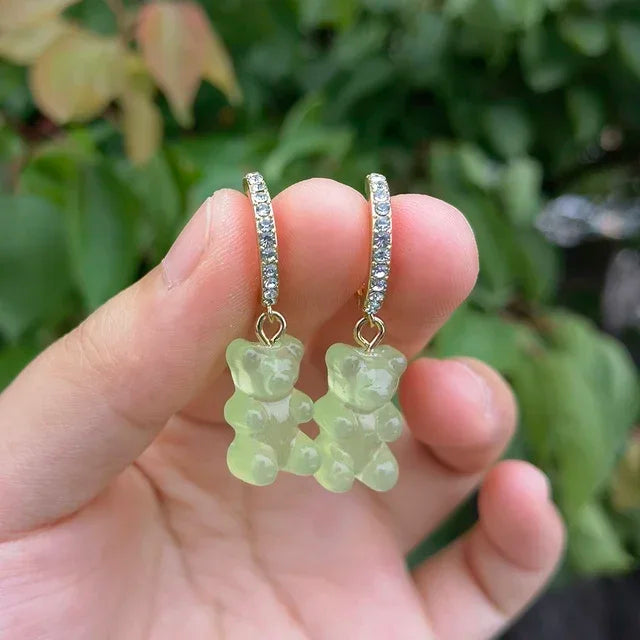 Pendientes colgantes de oso de gominola de acrílico bonitos para mujer, pendientes de aro de oso arcoíris CZ, joyería dulce de niña, moda coreana 2022