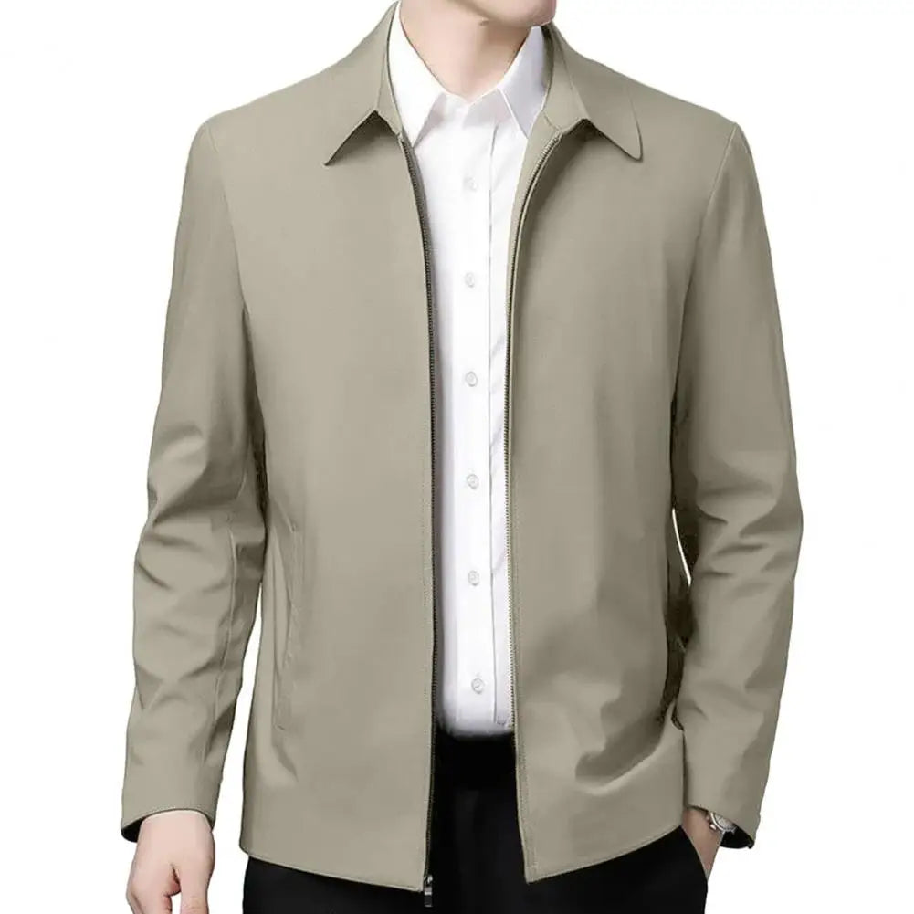 Men Jacket Elegant Mid-aged Men's Lapel Jacket with Zipper Closure Pockets for Formal Business Casual Wear in Spring Fall Solid