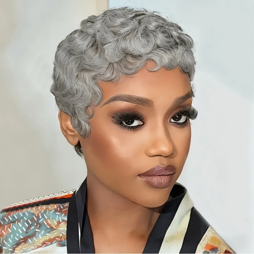 Remy Human Hair Wig - full machine made wig 150% Density short Curly Pixie Cut with Bangs, Grey/613 Salt & Pepper Texture,