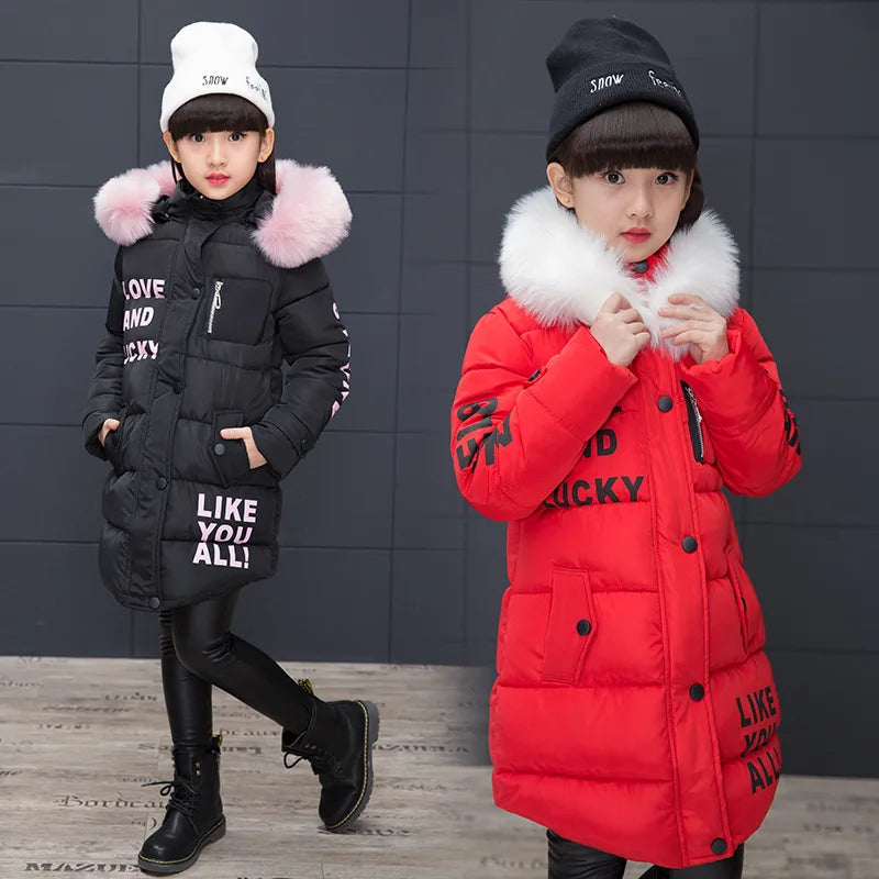 Winter Warm Jackets for Girls Fashion Fur Hooded Children Girls Waterproof Outwear Kids Cotton Lined Parkas
