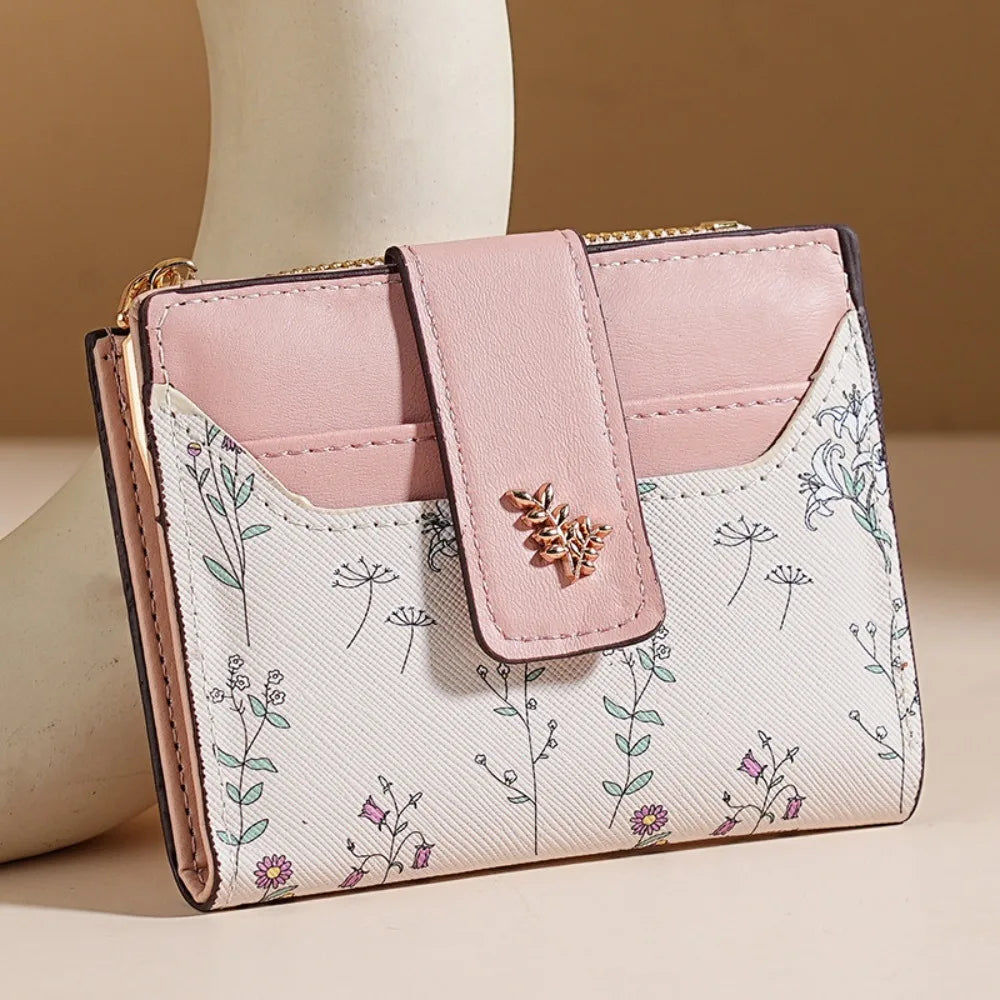 Cartera corta de piel sintética fina INS, monedero con cremallera para varias tarjetas, cierre de flores pequeñas, bolsa para tarjetas, cartera con cremallera para mujer/niña