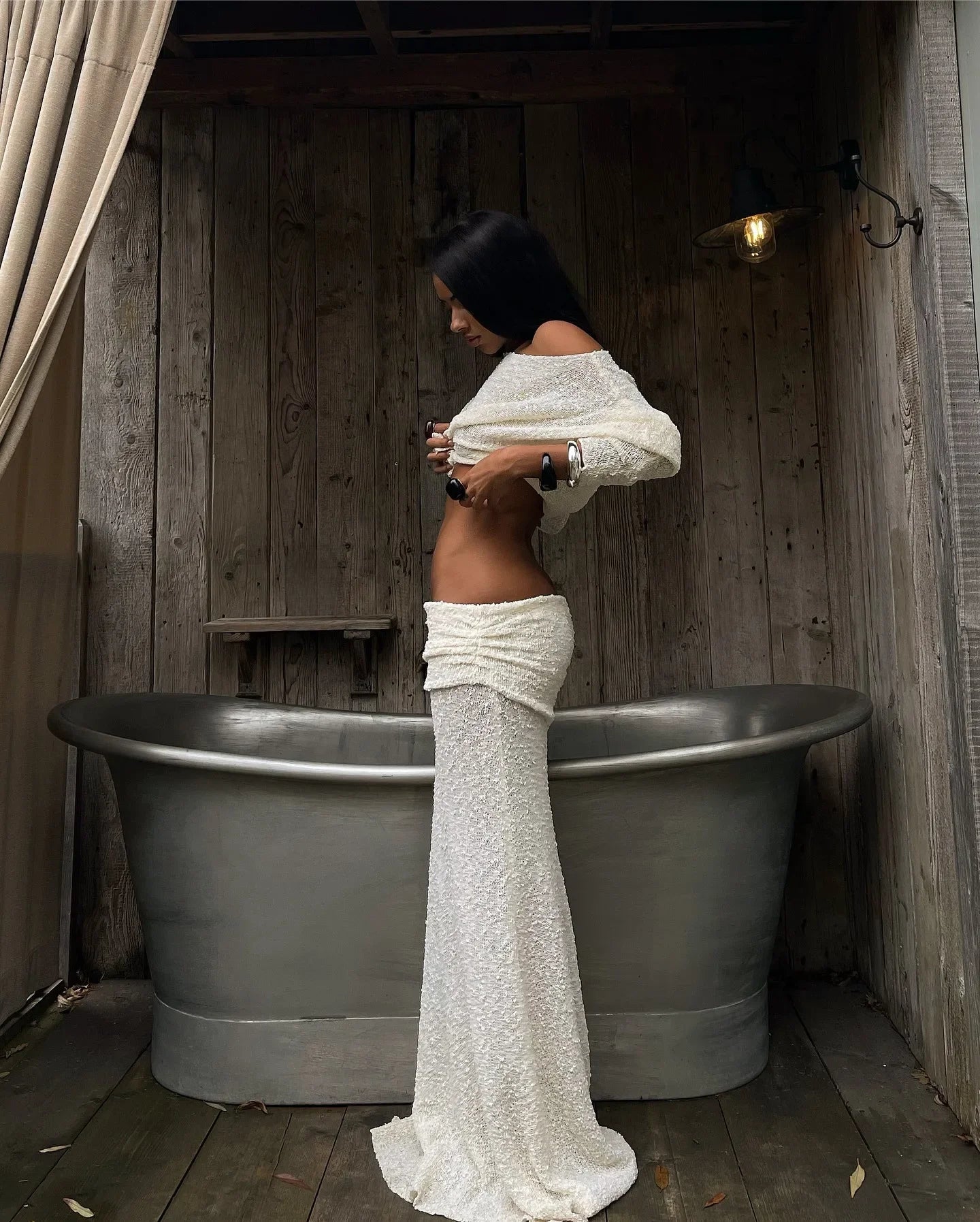 Knitted Skirt Set Women's Summer Off-Shoulder Long Sleeve Cropped Top Slim See-through Pleated Skirt Female Skirt Set