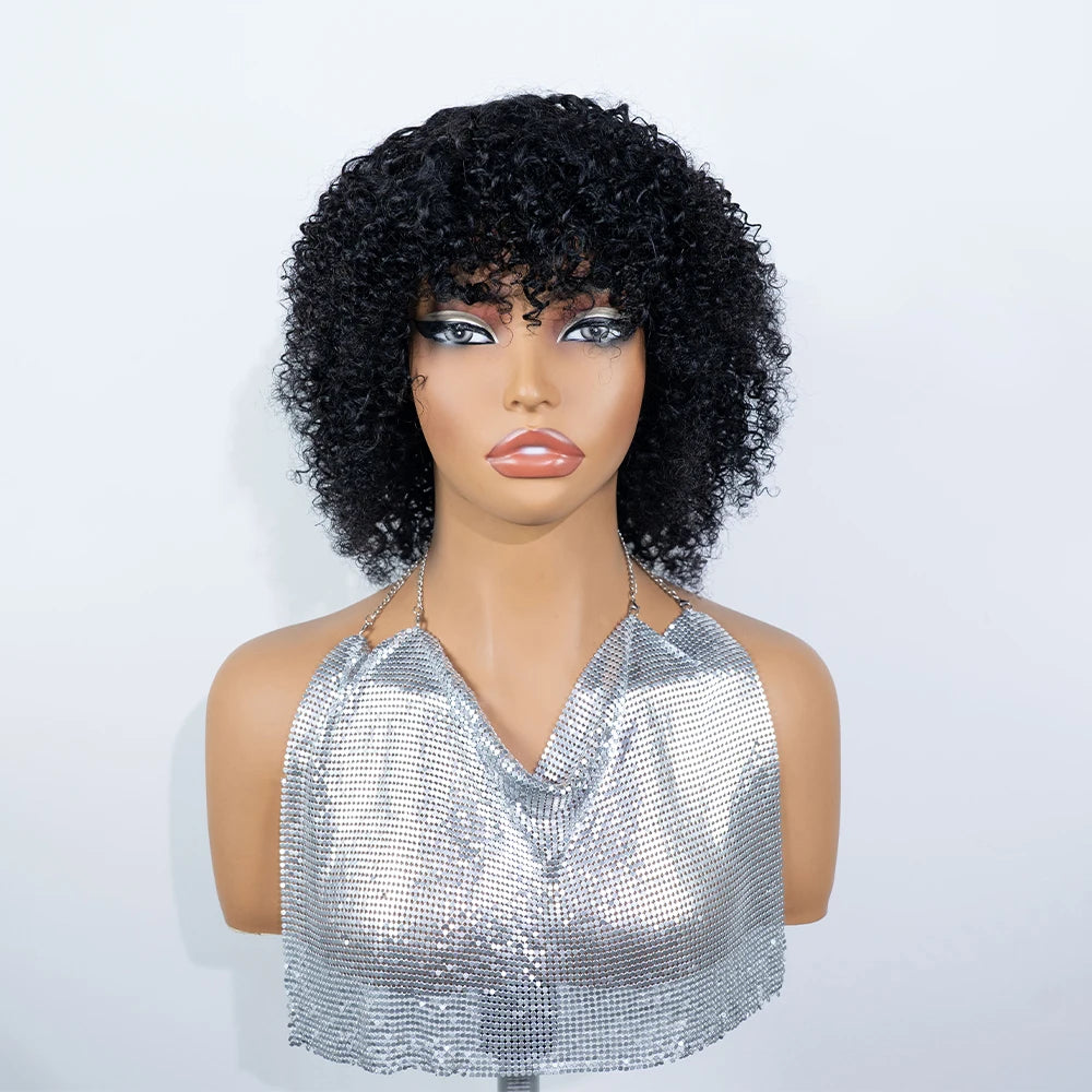 Short Jet Short Black Fluffy Kinky Afro Curly Virgin Human Hair Bob Wig with Full Bangs, Thick Tight Spring Small Curly Real Hair Bob Wig,Full Machine Made for Daily Wedding Club Cosplay Photoshoot