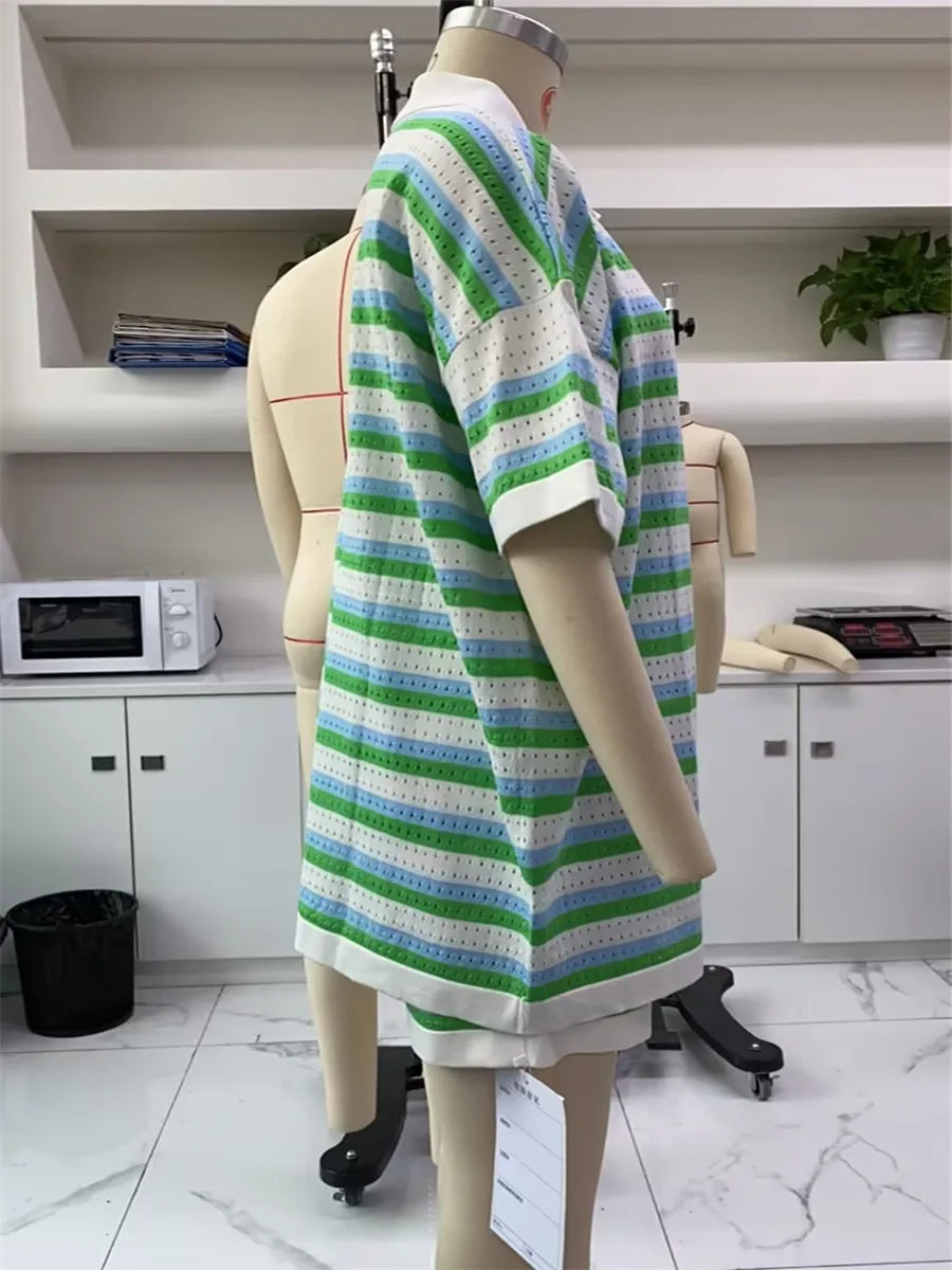 Conjunto de Pijama de Mujer de 2 Piezas Trajes de Salón Verano Rayas Contraste de Color Botón Tops de Punto de Ganchillo y Pantalones Cortos Conjuntos de Salón Playa
