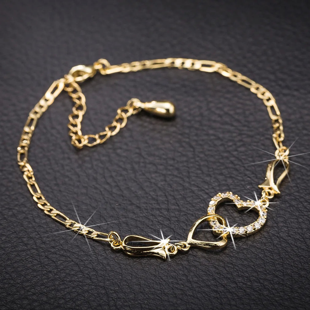 Women's Fashion Double Heart Jewelry Set Girls Delicate Necklace Earrings Bracelet Trendy Accessories Anniversary Wedding Gift