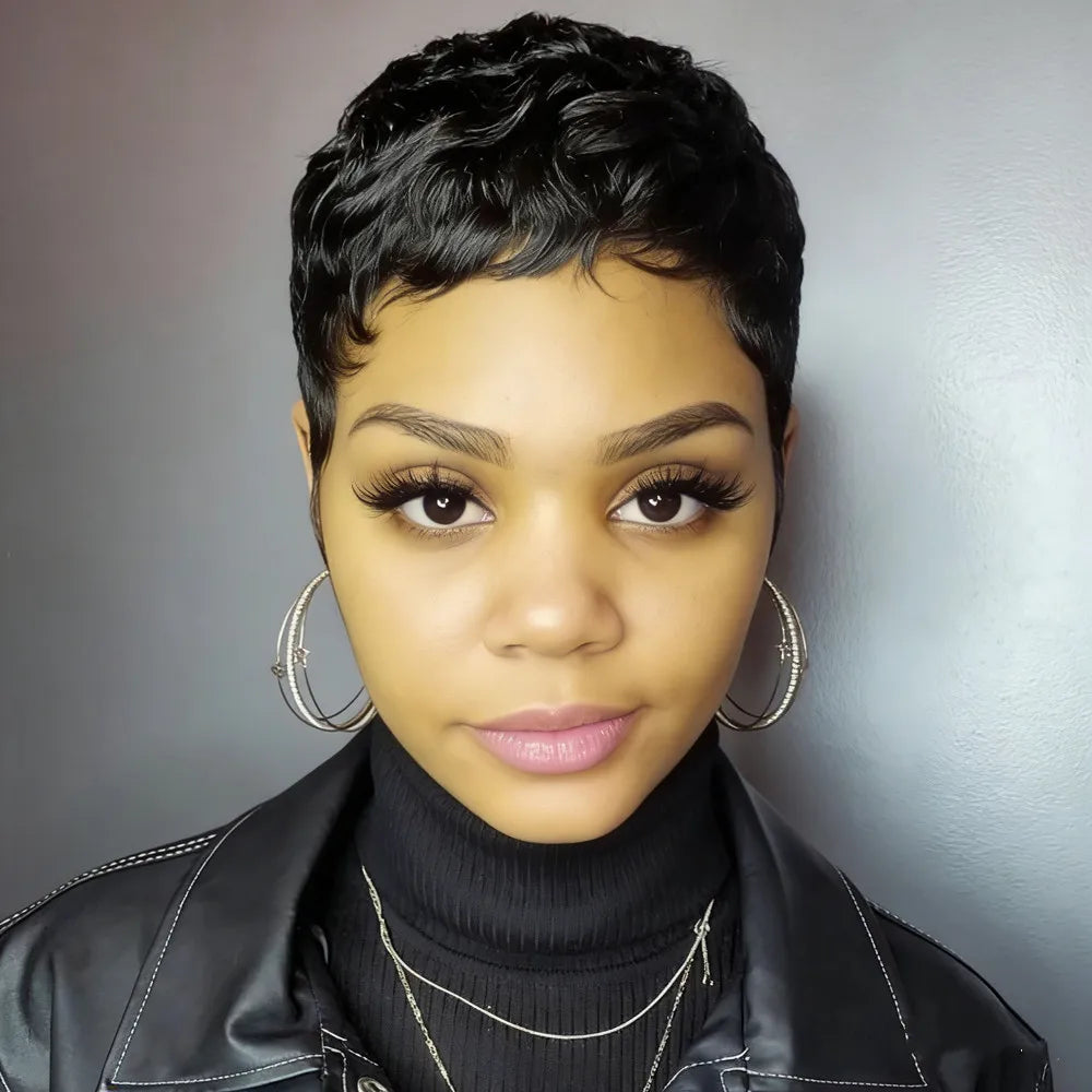 pixie wave human hair wig machine made wig for women 4inch straight short layered 150% density wig  natural black color