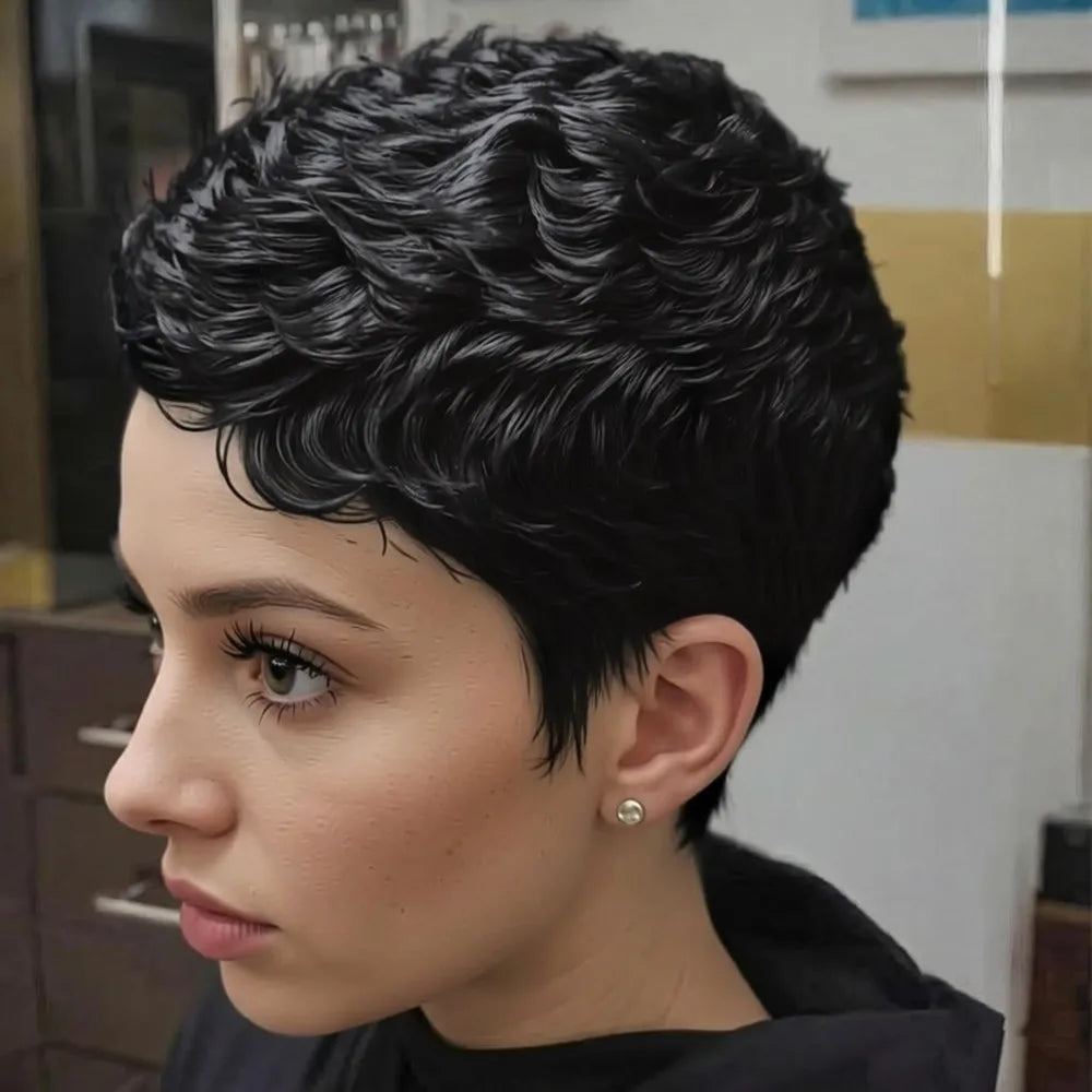 Peluca de pelo humano Remy hecha a máquina, corte pixie, corto, liso, en capas, negro natural/99j/30, de 4 pulgadas y 150% de densidad.