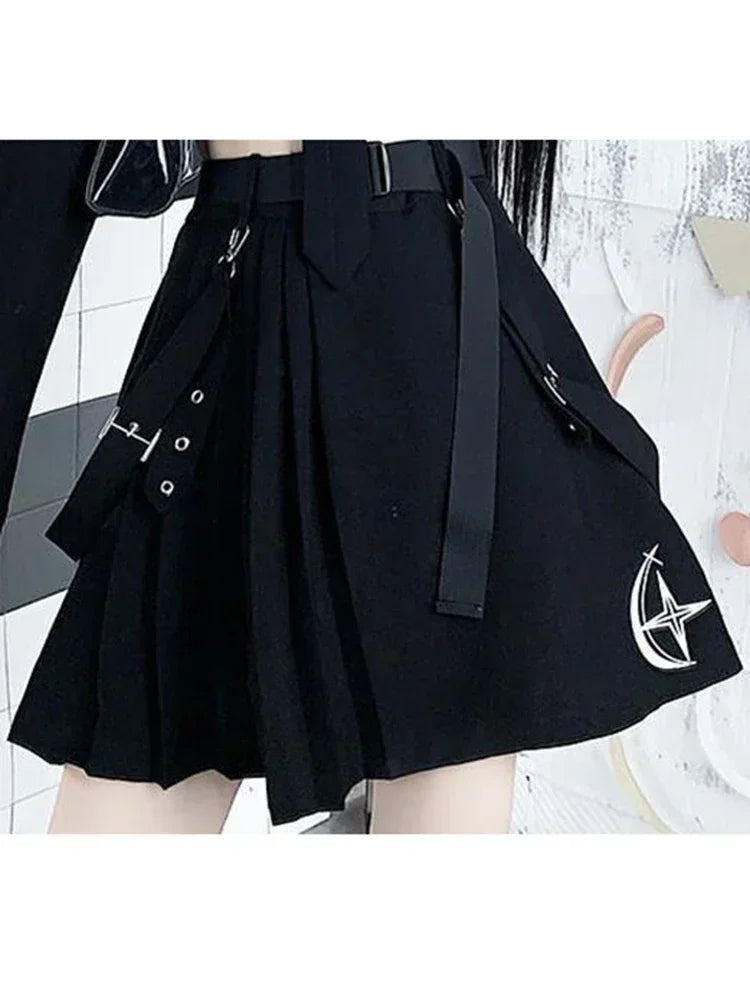 Women Two-Piece Skirt Spring Oversize 4XL Black Punk Chain Ribbon Skirts Ladies Suit Female Dress Sets Harajuku Streetwear