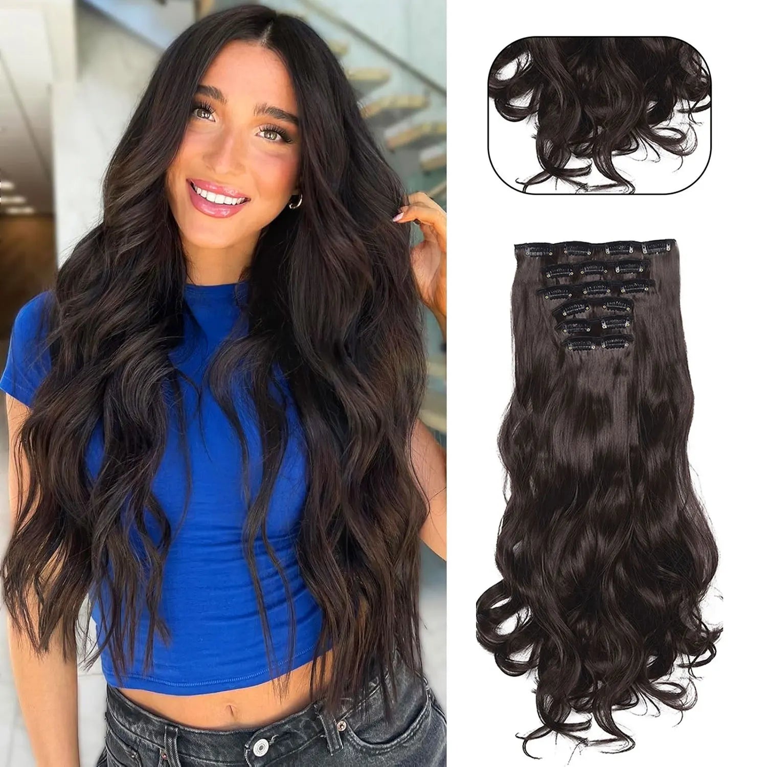 24" Long Wavy Clip-In Hair Extensions – Thick, Double Weft & Natural Look (6PCS)