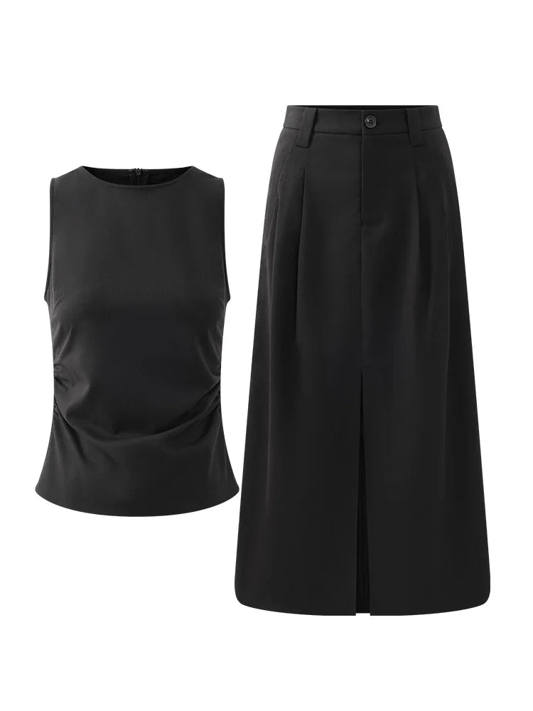 Black Sleeveless Top Skirt Set Women Petite Slim Fit Shirt Split Hem Straight Maxi Skirt Summer Two Piece  Elegant Matching Set