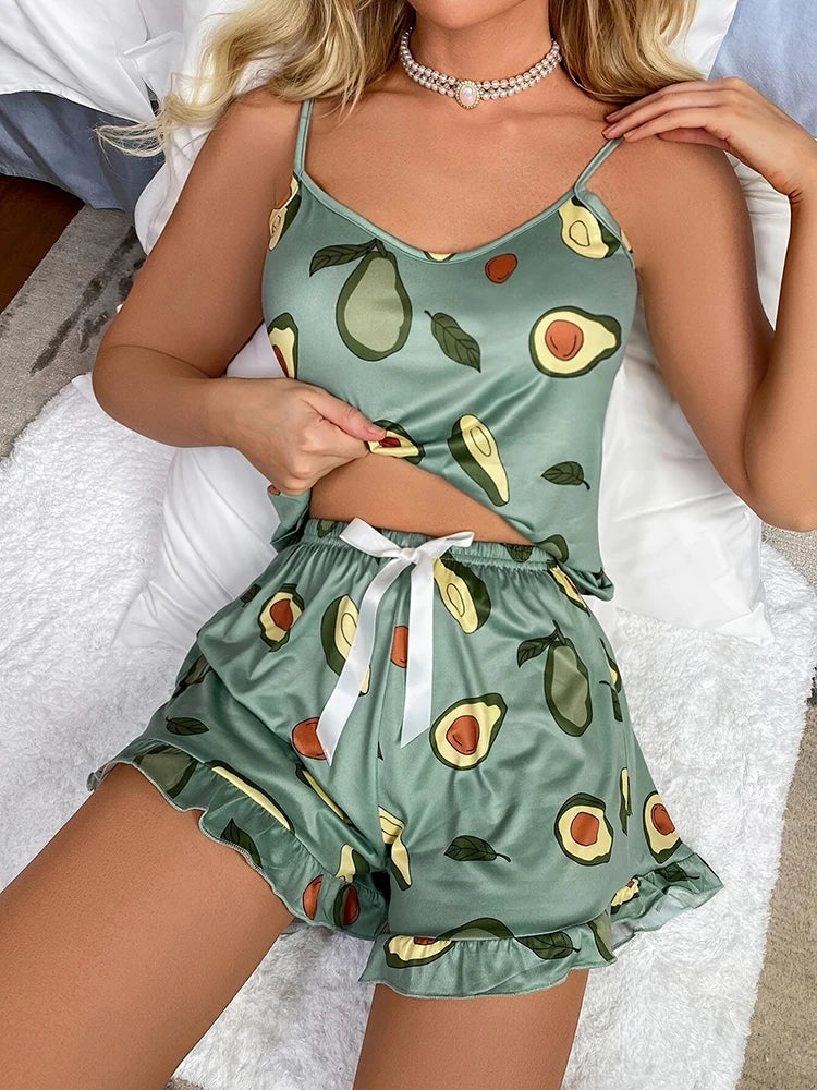 Women's Pajamas Two-piece Set of Sleeveless Tops and Shorts Avocado Pattern Home Wear Casual