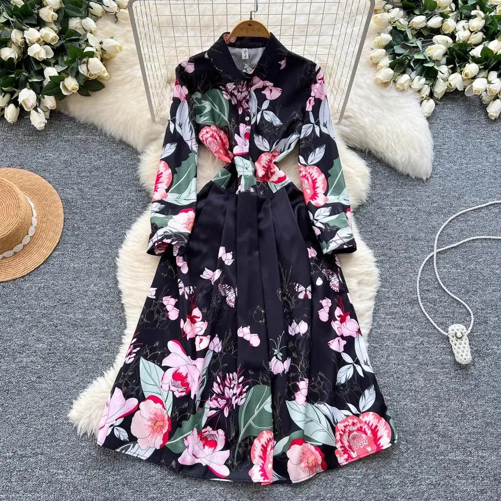 Fashion High-End Feeling Gown Dress Elegant European Court Style Long Printed Slimming New Women's Design Sensation Retro Summer