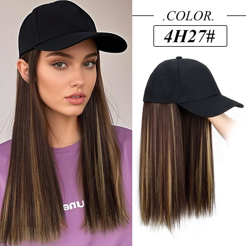 Gorro Sintético con Peluca de Pelo Largo, Liso y Negro, Extensión de Pelo con Gorra de Béisbol, Diseño Todo en Uno Elegante y Conveniente para Mujeres