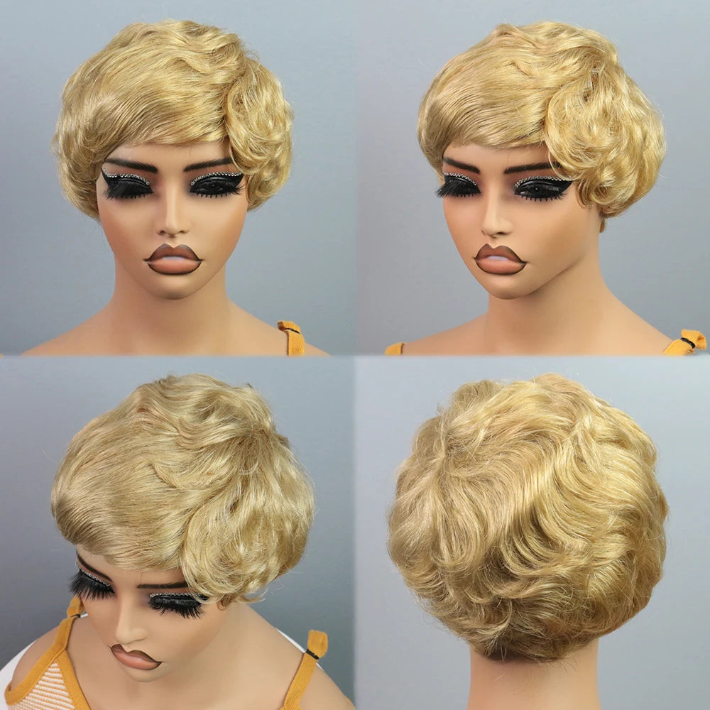 Peluca Pixie Cut Cabello Humano Peluca Corta Bob Pelucas Pixie Cut en Capas Cortas para Mujeres Negras Pelo Humano Remy Brasileño Sin Pegamento Sin Encaje