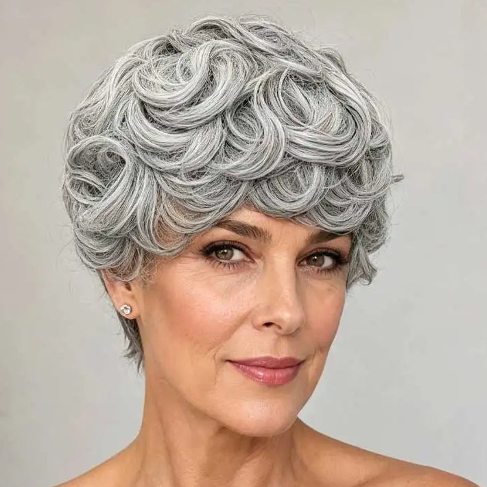 Perruque courte bouclée gris argenté