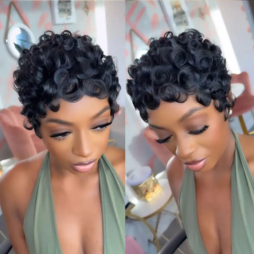 Black Color Short Pixie Cut Wigs for Black Women Human Hair Afro Pixie Wig Short Wigs for Black Women Short Wigs Natural Curly