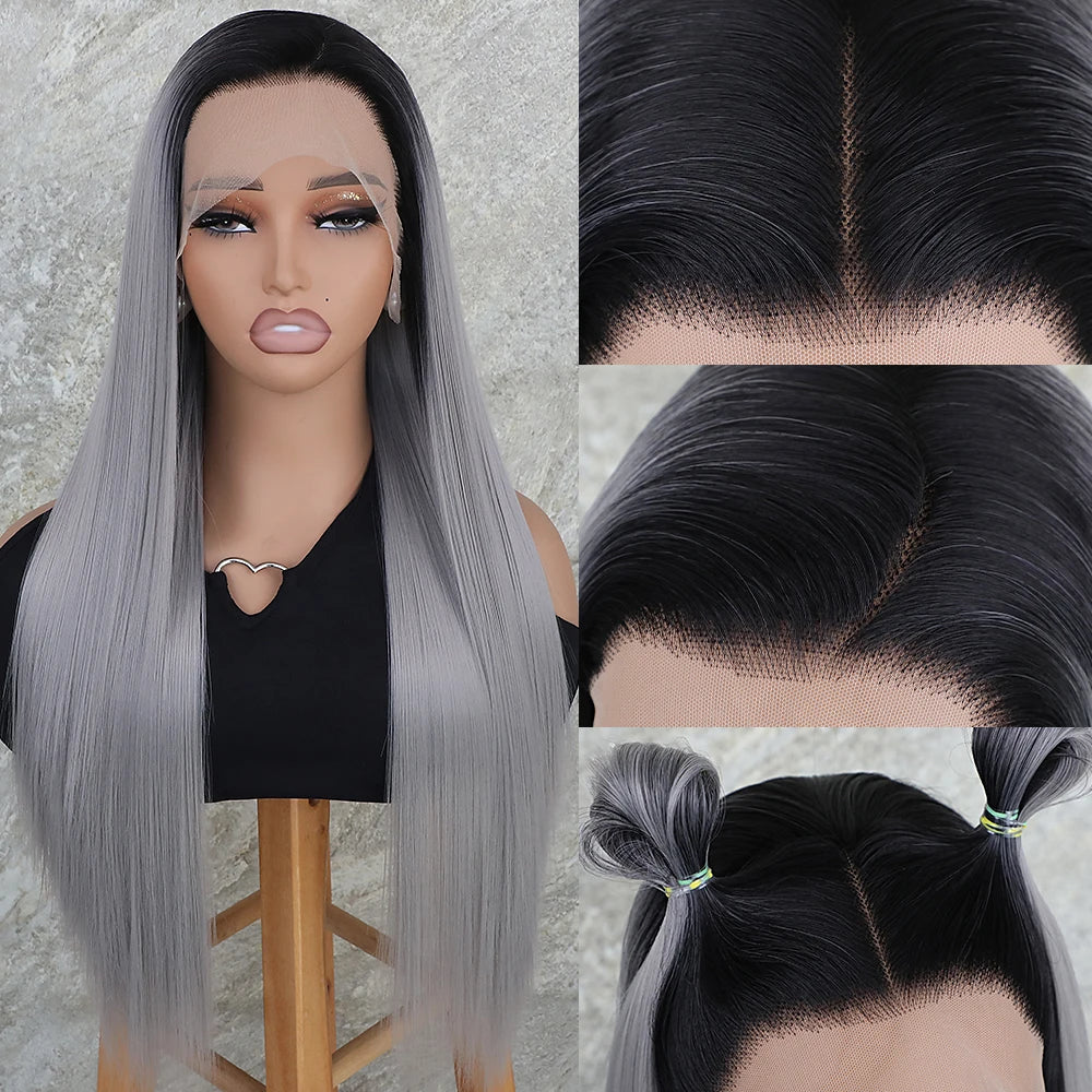 Dark Roots Gray Color Lace Front Wig 13x4 Free Part Long Straight Hair Synthetic Wigs Ombre Grey Pre Plucked Hairline Heat Safe