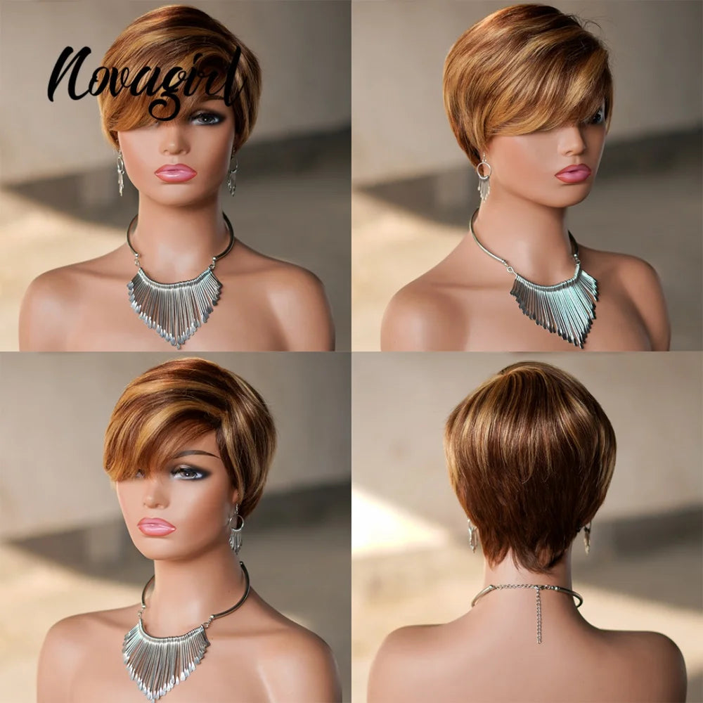 High Quality 6 Inch Pixie Wigs Color P4/27 for Women Full Machine Made Brazilian Virgin Remy Human Hair Soft Comfortable