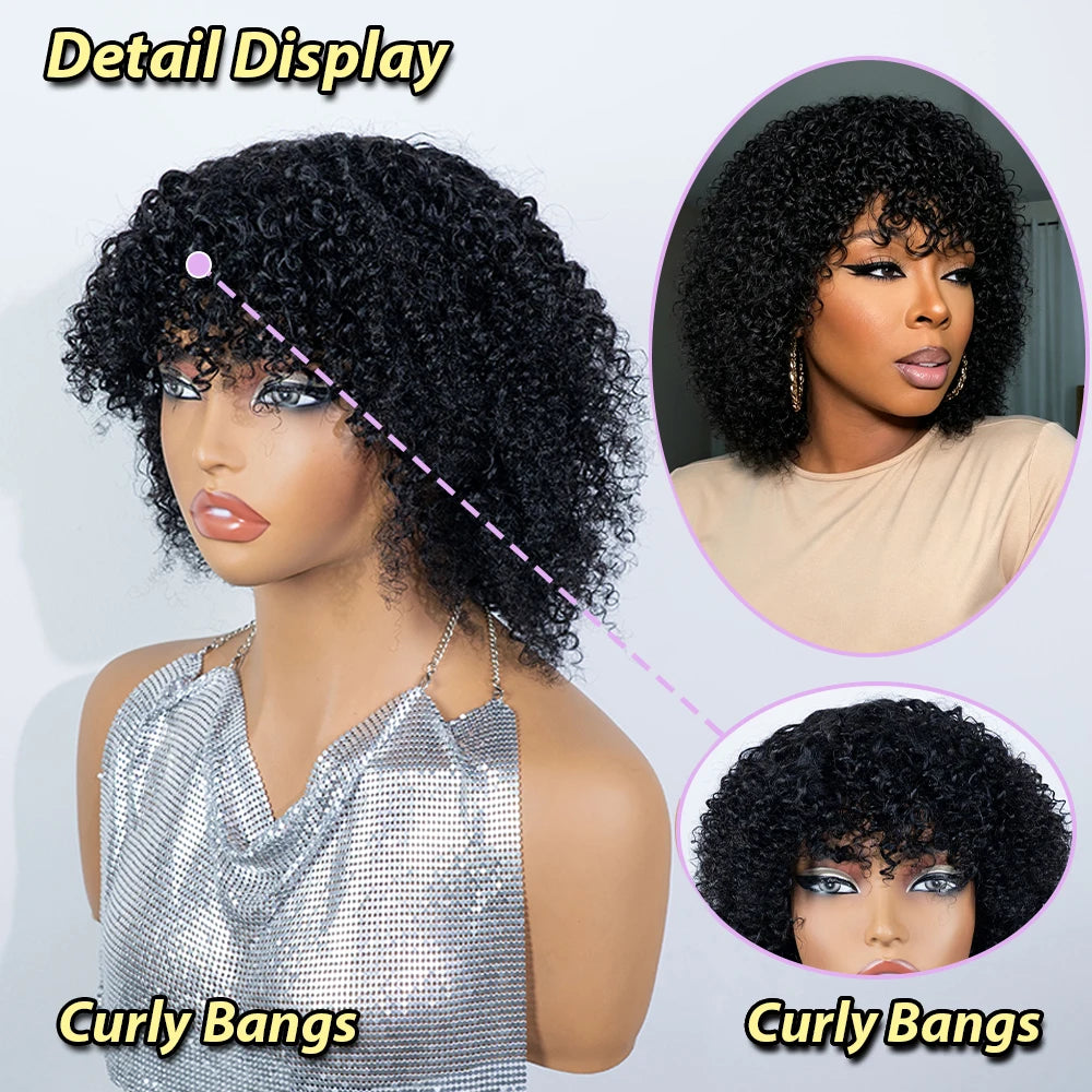 Short Jet Short Black Fluffy Kinky Afro Curly Virgin Human Hair Bob Wig with Full Bangs, Thick Tight Spring Small Curly Real Hair Bob Wig,Full Machine Made for Daily Wedding Club Cosplay Photoshoot