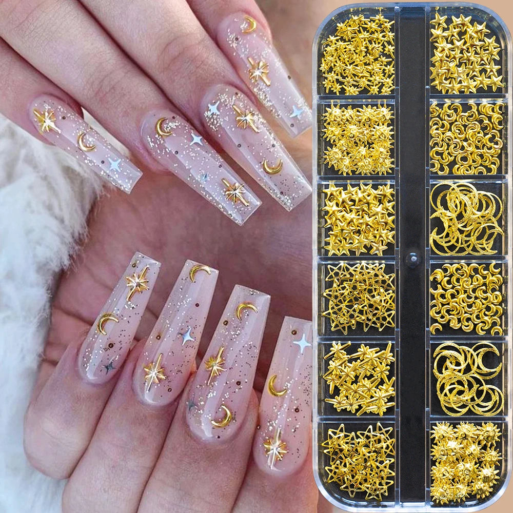12Grids Moon Star Nails Gold Metallic Nail Sequins Charms 3D Nail Art Tips Decoration  3D Metal Moon Star Sun Bead Rivet Nail Je