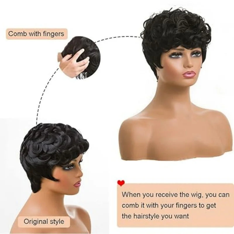 Black women's elf short wig, curly black short wig, black women's synthetic wig, natural, wavy, black elf hairstyle