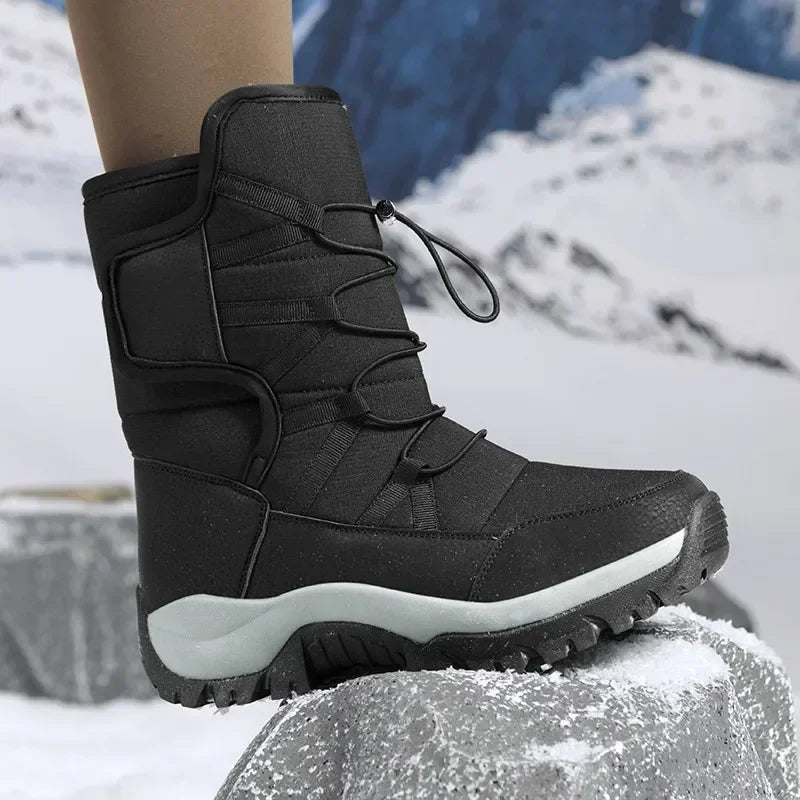 New Winter Women Boots Warm Plush Mid-Calf Women's Snow Boots Lace-up Outdoor Waterproof Hiking Boots Chaussures Femme Size 42
