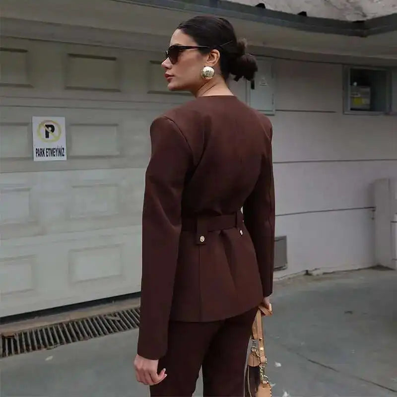 Elegant Women's Trouser Suits Long Sleeve O-Neck Top With Belt Solid Wide Leg Pants Female Suit 2025 Spring 2 Pieces Set Women