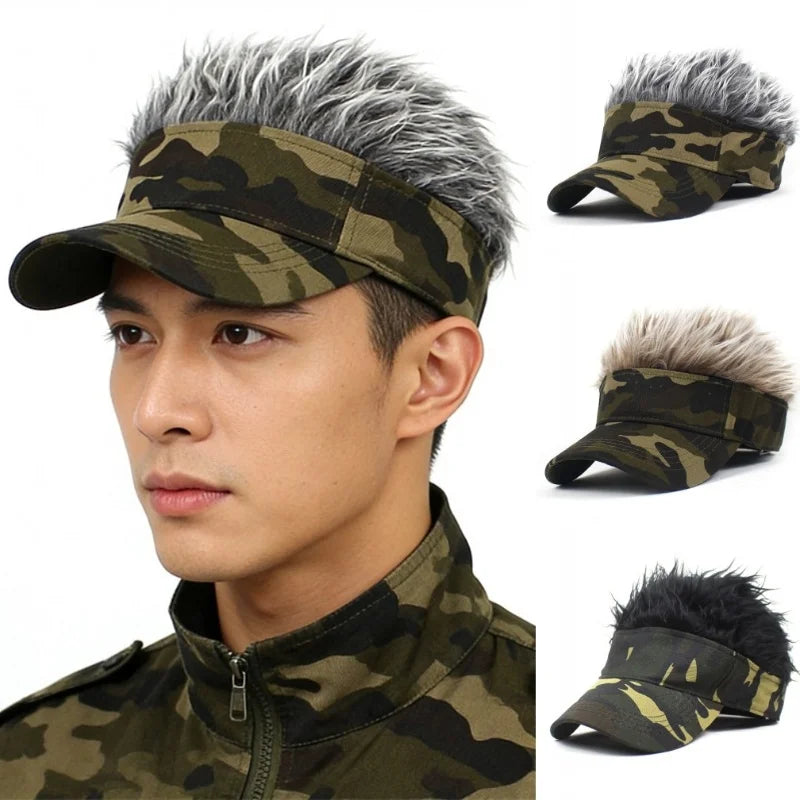Gorra Unisex Verde Militar Camuflaje Estampado Anti-UV Golf Béisbol Pelo Sintético con Púas Sombrero Deporte Correr Peluca Parasol