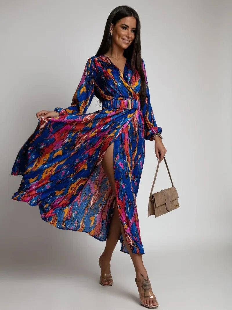 Women's Clothing New Sexy Fashion Casual Commuting Beach Vacation Style Versatile Street Style V-neck Print with Belt Dress