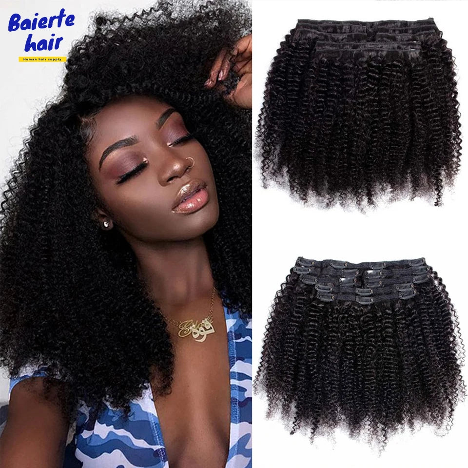 Extensions de cheveux à clip Afro Kinky Curly en vrais cheveux humains pour femmes Cheveux humains brésiliens Kinky Curly à clip 8 pièces 120 g