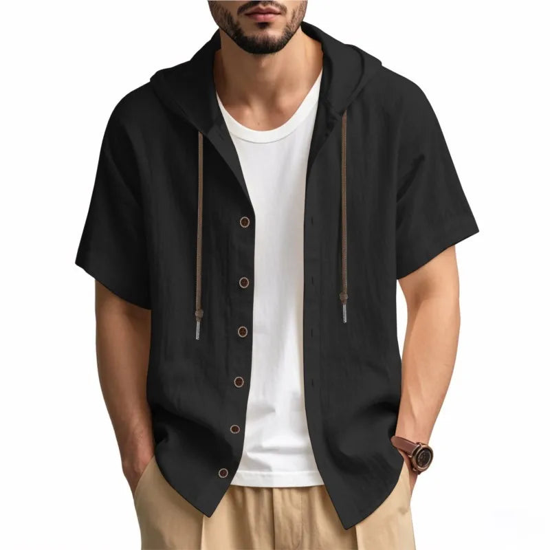 Men's Short Sleeve Shirt Cotton Linen Solid Color Shirts Men Hooded Casual Shirt Man Single Breasted Tops Men Breathable Shirt