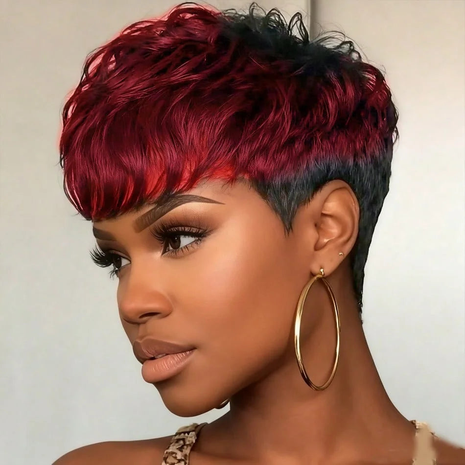 Peluca Corta Pixie Lacia de Cabello Humano con Flequillo Cabello Peruano Hecha a Máquina Completa Corte Pixie en Capas para Uso Diario