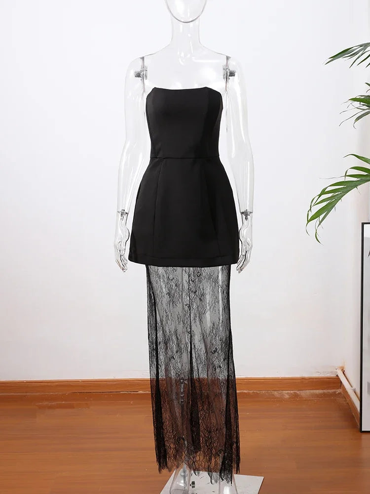 Trendy Tube Top Lace Long Skirts Sets Women Strapless Sleeveless Slim Tops See Through Skirt Summer Chic Party Outfits Dress Set