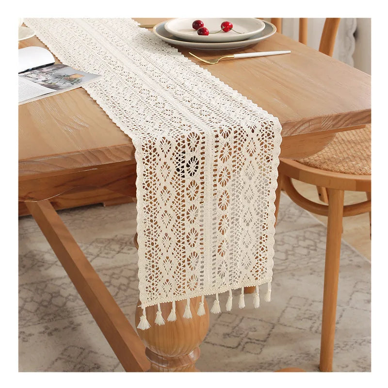 Camino de mesa beige, navideño, de encaje de ganchillo, tela de mezcla de algodón con borlas para la decoración de la mesa de centro y bodas.