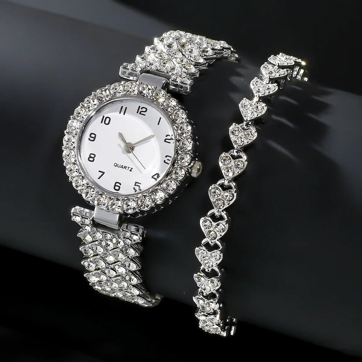 2PCS/Set Rose Gold Women Wristwatch Roman Numeral Dial Rhinestone Quartz Watch Alloy Strap Watch Jewelry Set Gift for Mom