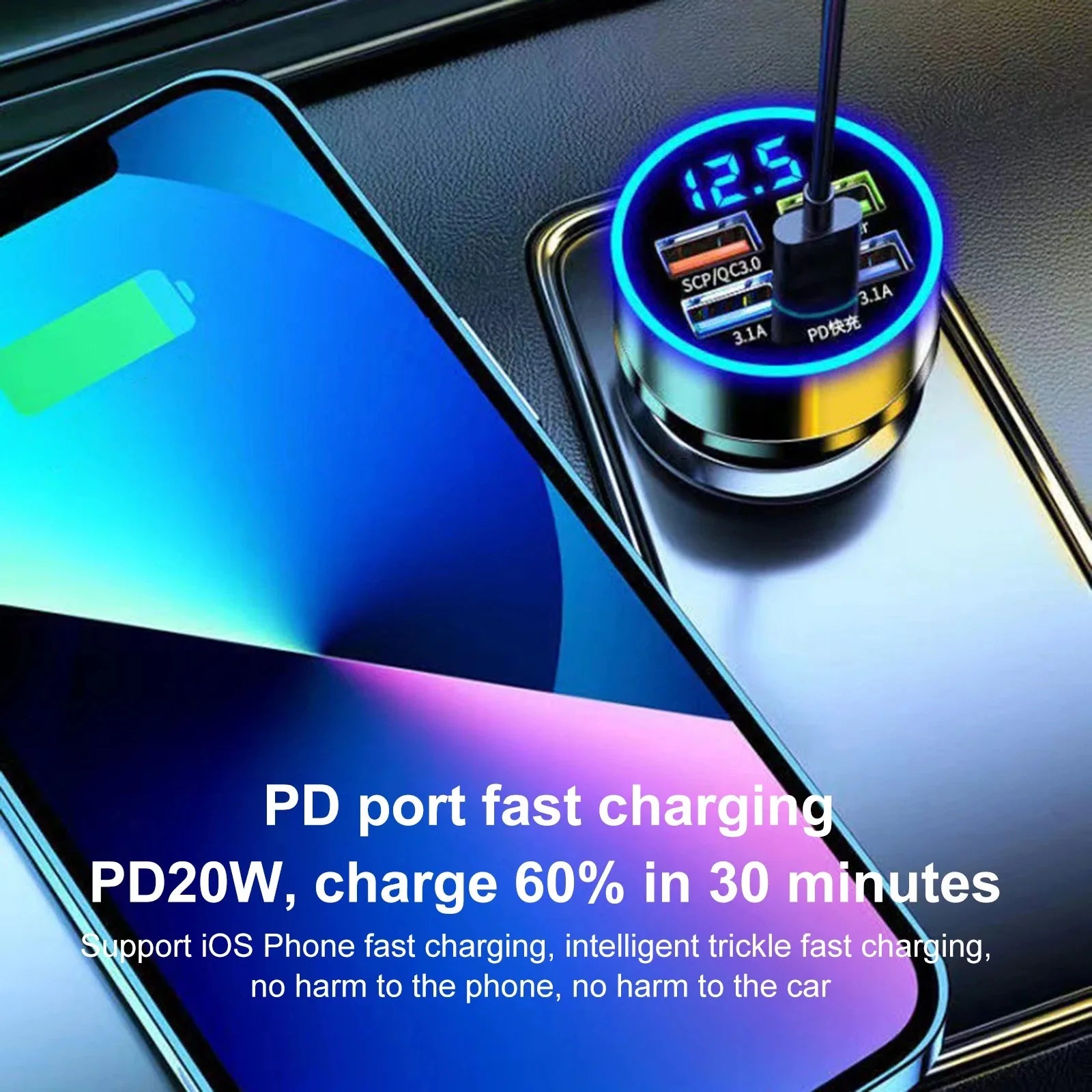 250W 5 Ports LED Car Charger Fast Charging Adapter Type C PD Mini Car Phone Charger For iphone Samsung Huawei Xiaomi