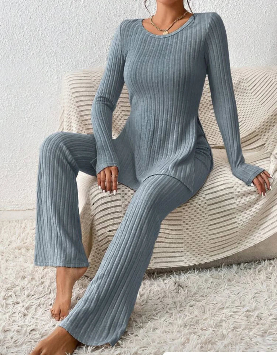 Ropa de Mujer Otoño Invierno Nuevo Estilo Color Sólido Sexy Casual Manga Larga Cuello Redondo Rajado Moda Temperamento Conjunto de Dos Piezas