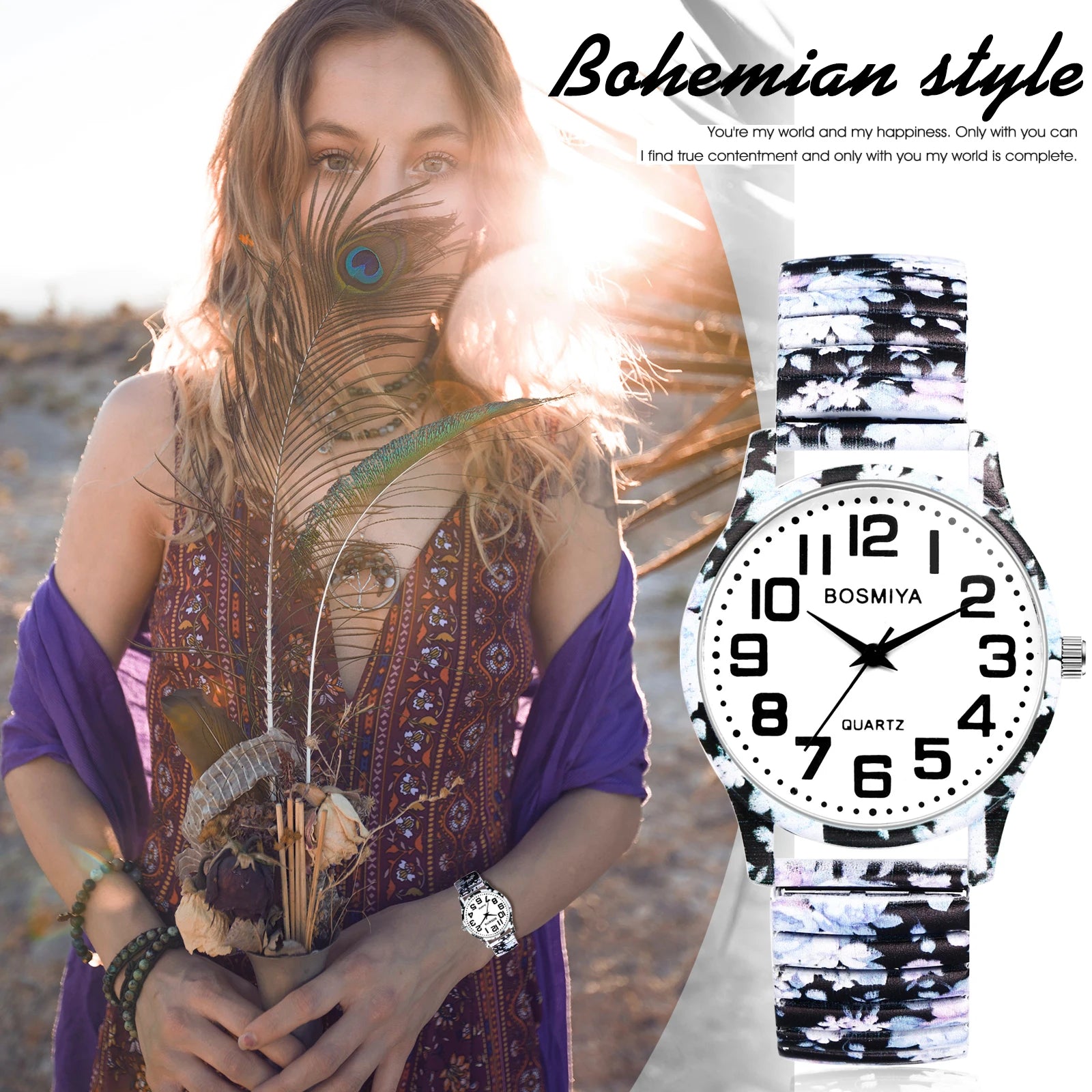 Lancardo Bohemian Quartz Watch Easy to Wear Arabic Numerals Scale Printed Decorative Telescopic Band Watch Valentine's Day Gifts