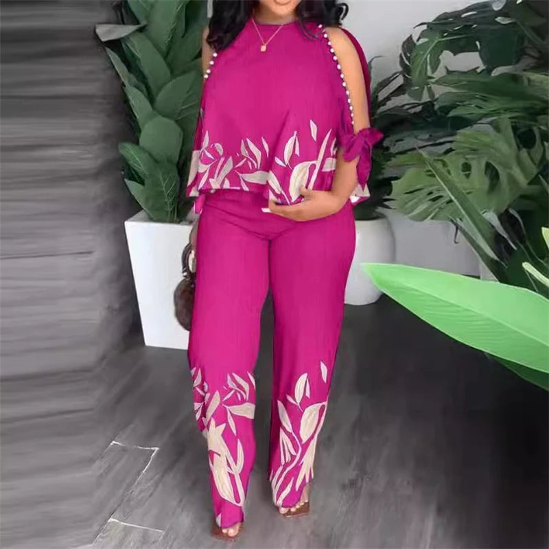 Two Piece Sets Women Outifit Beaded O-Neck Split Sleeve Top & Casual High Waist Straight Leg Pants Set 2023 Summer New Fashion