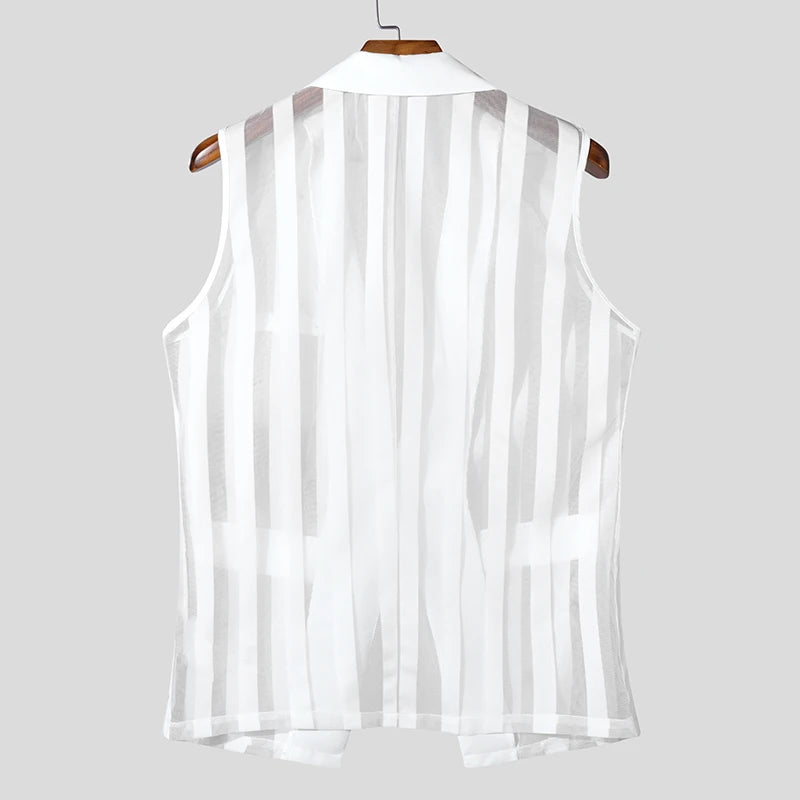 Men Vests Mesh Striped Transparent Sexy Lapel Sleeveless One Button Male Waistcoats Streetwear 2025 Fashion Casual Vests INCERUN