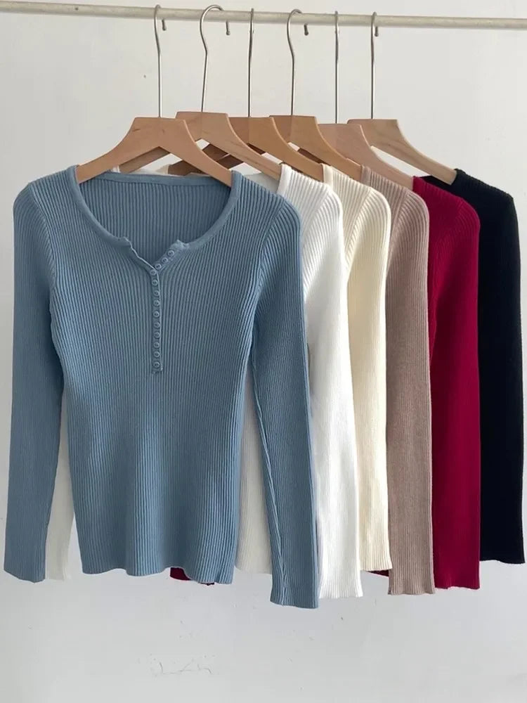 Korea Autumn Winter Button V Neck Sweater Women Basic Slim Pullover Women Sweaters And Pullovers Knit Jumper Soft Warm Tops