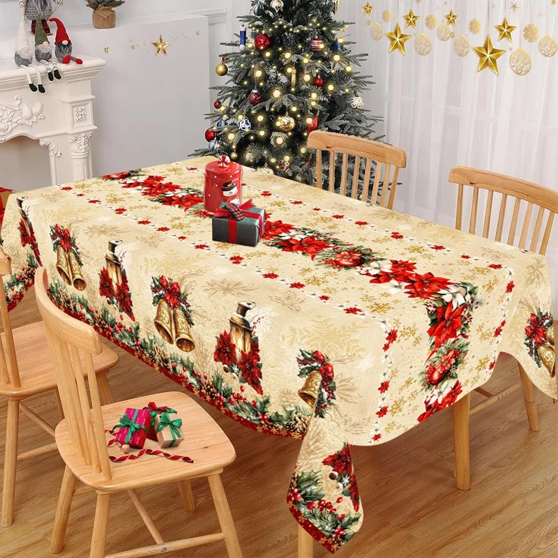 Vintage Christmas Tablecloth Poinsettia Bell Tablecover Christmas Decorations for Home Navidad Gifts Dining Table Cover