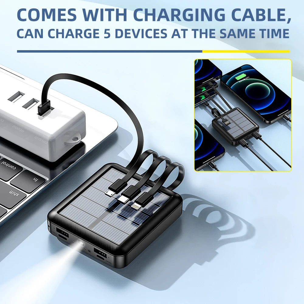 20000mAh Solar Power Bank Dual USB 4 Cables Portable Large Capacity Charger Super Fast Charging USB TypeC Outdoor Power Bank